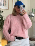 Tineit Knitted Oversize Sweater Women O-neck Long Sleeve Pink Long Sleeve Pullover Female Casual 2025 Autumn Street Chic Jumper Tops