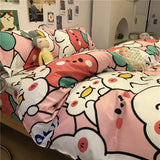 Tineit Ins Pink Cute Duck Cartoon Fruit Printed Bedding Set Soft Queen King Size Flat Bed Sheet Quilt Cover Pillowcase Kawaii