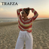 cold weather outfits Tineit 2024 Spring Summer Casual Patchwork Women Sweaters Fashion Streetwear O Neck Crochet Striped Chic Ladies Loose Sweaters