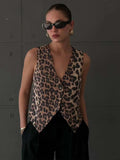 Tineit Women's Vest 2024 Fashion Leopard Summer V-Neck Single-breasted Vest Top Ladies Casual Cropped Sleeveless Coat New In Vests