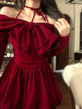 Tineit 2025 Winter Vintage Red Velvet Short Party Dress Woman Bow Elegant Y2k Mini Dress Lolita Kawaii One Piece Dress Korean Fashion