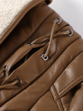 Tineit Cotton Thick Winter Leather Jackets Coats Women Belt Notched Shoulder Pads Motorcycle Street Chic Short Outwear Warm Solid Coat