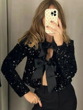 Tineit Chic Sequins Lace-up Bow Crew Neck Short Jacket 2024 New Long-sleeve Women's Slim Coat Fall Elegant Lady Party Nightclub Clothes