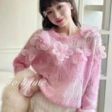 thanksgiving outfit Tineit Sweet Flowers Sweater Women Pink Beaded Hollow Out Loose O-Neck Knitted Jumpers Fashion Spring Fall Long-Sleeved Lazy Pretty Top