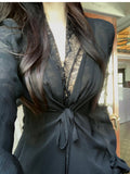 Tineit Office Lady Elegant Black Lace Shirt Woman Coquette Aesthetic Sexy V Neck Blouse Vintage Solid Korean Style Tops Woman Chic