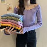 thanksgiving outfit Tineit Autumn Slim Knitted Crop Sweaters Women Fashion Solid Long Sleeve Square Collar Pullovers Korean All Match Chic Casual Sweaters