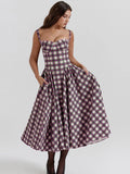 Tineit Sexy Plaid Print Sling Dress Women Elegant Patchwork Sleeveless Backless Pleated Female Maxi Dresses 2024 Summer Chic Lady Robes