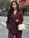 Tineit 2024 Chic Burgundy Red Double Breasted Suit Jacket Women Elegant Lapel Long Sleeve Flap Pockets Blazer Coat Lady Commute Outwear