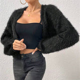 thanksgiving outfit Tineit Casual Plush Solid Short Cardigan Women Vintage Loose Fluffy Long Sleeve Open Coats Lady Autumn Soft Elegant Chic Street Outwear