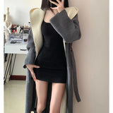 thanksgiving outfit Tineit Fake Two-Piece Knitted Cardigan Women Hooded Patchwork Korean Fall Sweater Fashion Loose Casual High Street Big Pockets Jumpers