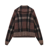 thanksgiving outfit Tineit Autumn/Winter New Product Women's Fashion Collar Long Sleeve Sweater Checkered Knitwear Cardigan Sweater Coat