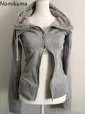 Tineit Grey Lamb Wool Double Zipper Hoodies Women's Clothes Slim Waist Hooded Vintage Y2k Coats Ropa Mujer Casual Fashion Sweatshirts