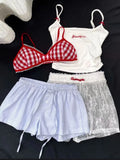 Tineit Woman New Korean Fashion Lace 4 Piece Set Spicy Girls Y2k Elastic V Neck Sling Plaid Top + Casual  Bow Short Pants Chic