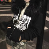 Tineit Harajuku Black Jackets Women's Clothing Furry Hooded Zip-up Outwear Streetwear Fashion Casual Print Y2k Coats 2025 Ropa Mujer