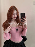 Tineit New Off Shoulder Cropped T Shirts Women Korean Fashion Sweet Bow Mesh Tops Coquette Aesthetic Slim Long Sleeve Tees Design