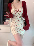 Tineit Sweet 2 Piece Dress Set Woman Red Long Sleeve Cardigan + Strap Floral Y2k Mini Dress Party Korean Fashion Suit 2025 Autumn Chic