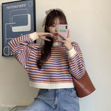 thanksgiving outfit Tineit Korean Striped Sweater Women Loose Lazy Fall Winter O-Neck Knitted Pullover Harajuku Sweet Pretty Style School Jumpers Tops