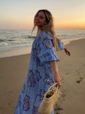 Tineit Loose Striped Print linen Maxi Dress Women Fashion V-neck Lantern Sleeve Female Holiday Dresses 2024 Summer Lady Beach Robes New