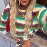 Tineit Mohair Striped Knitted Women Sweater Contrast Collar Loose Fashion Long Sleeve O-neck Pullover 2025 Autumn Street Jumper Tops