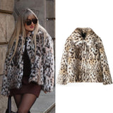 Tineit Woman Lapel Long Sleeves Side Pockets Casual Winter Jacket Women Coat Leopard Print Faux Fur Loose Slim Warm Coat Mujer Female