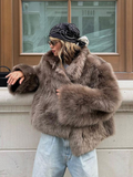 Tineit Luxury Brown Women's Fluffy Faux Fur Warm Short Coat Chic Lapel Collar Long Sleeve Furry Jacket Winter 2024 Lady High Streetwear