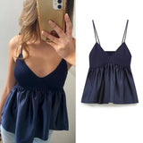 Tineit Ladies Blue Crop Top Women Ruffle Knitted Camis Top Woman Off Shoulder Corset Top Female Streetwear Backless Women's tube top