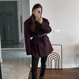 Tineit Elegant Burgundy Blazer Coat Women Notched Single Breasted Belts Long Sleeve Vintage Jacket Female 2025 Spring All-match Outwear