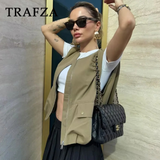 cold weather outfits Tineit 2024 Spring Summer Casual Women Vests Fashion Vintage Solid Pockets Ruched O Neck Zippers Sleeveless Ladies Vests