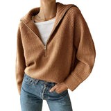 thanksgiving outfit Tineit Casual Knitted Zipper Lapel Sweaters Women Korean Loose Solid Pullover Sweater Female Autumn Chic Retro Street All-matching Tops