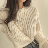 thanksgiving outfit Tineit Zoki Autumn Knit Short Sweaters Fashion Sexy Hollow Out Long Sleeve O Neck Solid Pullover Loose Korean All Match Crop Jumper New