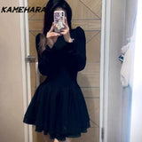 Tineit Sweet Spicy Heiress Black Robe Harajuku Style Semi High Neck Long Sleeve Waist Cinching Slimming Y2k Knitted Puffy Gown