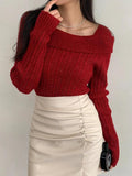 Tineit Solid Lapel Neck Slim Knit Sweater