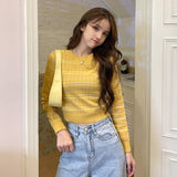 thanksgiving outfit Tineit O-Neck Striped Sweater Women Knitted Long Sleeve Sweet Cropped Slim Thin Jumpers Spring Fall Fashion Casual Chic Basic Tops