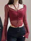 Tineit Red Basic 2 Piece Set Woman Slim Casual Blouse Office Lady Outfit Sexy Y2k Crop Tops Korean Fashion Clothing Chic 2025 Summer