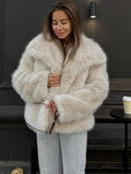 Tineit Fashion Faux Fur Coat Women Turn-down Collar Luxury Single Breasted Fluffy Loose Short Fur Jacket 2025 Winter Street Outwear