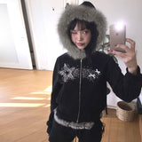 Tineit Japanese Y2k fur coat for women Retro Korean style black hooded jacket Garbage aesthetic zipper thin 90s street wear Goth coat