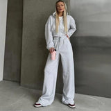 Tineit Casual Hoodies Pants Sets Women Hooded Long Sleeve Zippers Short Coat Wide Leg Drawstring Pant 2024 Autumn Lady Solid Tracksuit