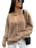 thanksgiving outfit Tineit Casual Solid Imitation Mink Cardigan Women Loose Knitted Plush V-neck Single-Button Sweaters Female Autumn Chic Street Tops