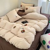 Tineit Mocha Bear Embroidery Bedding Set Twin Queen Duvet Cover Set Pillowcases for Adult Kids Bed Flat Sheet Cute Quilt Cover Kawaii