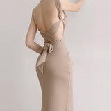 Tineit Dark Beige Square Neck Back Strap Midi Dress