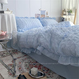 Tineit INS Girl Blue Bedding Sets Solid Color Seersucker Ruffles Lace  Kawaii Soft Sheet Woman Duvet Cover Pillow Covers Quilt Cover