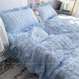 Tineit INS Girl Blue Bedding Sets Solid Color Seersucker Ruffles Lace  Kawaii Soft Sheet Woman Duvet Cover Pillow Covers Quilt Cover