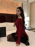 Tineit Korean Fashion Knitted Sweater Clothing Off Shoulder Casual Slim Bodycon Pullovers Office Lady Elegant Long Sleeve Tops 2025