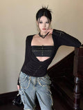 Tineit Women Gothic Hot Shoujo Girl T-Shirts Long SleeveTees Two Piece Sets Cyber Punk Coquette Gyaru Tops Grunge 2000s Y2k Streetwear