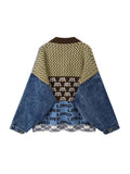 christmas outfit Tineit Vintage Knitted Cardigan Sweater Women Patchwork Denim Coat V Neck Long Sleeve Knitwear Casual Loose Outwear Female Tops