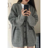 thanksgiving outfit Tineit Gray Cardigan Sweater Women Korean Medium-Length Spring Autumn Loose Lazy Vintage Knit Sweater Casual Buttons Harajuku Jumpers