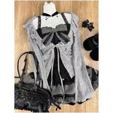 Tineit Women Sweet Lolita Lace Up Ruffles Cardigan Sexy Slim Fit Strapless Vest High Waist Ruched Skirts Early Autumn Three Piece Sets