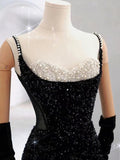 Tineit Elegant Mermaid Spaghetti Straps Black Sequin Long Prom Dresses Party Dress With Beads (PRE-ORDER)