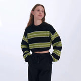 thanksgiving outfit Tineit Y2K Green Striped Crop Knit Sweater Women Korean Vintage Streetwear Long Sleeve Pullover Female Loose All-Match Short Jumper