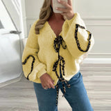 Tineit Lace Up Leopard Print Heart Cardigan Women Patchwork Contrast Color Fashion Knitted Loose V-neck Sweaters 2025 Autumn Chic Coat